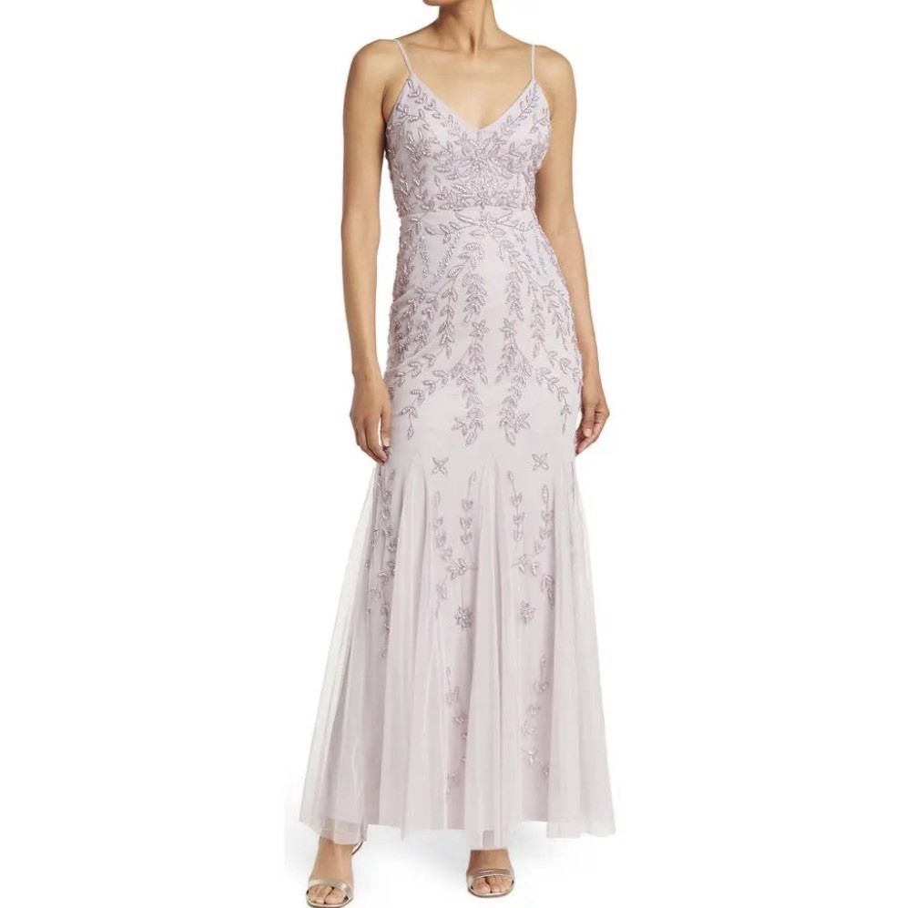 Marina Beaded Godet Gown Size M/L Sequin Floral Flutter Dress Rapunzel Lavender