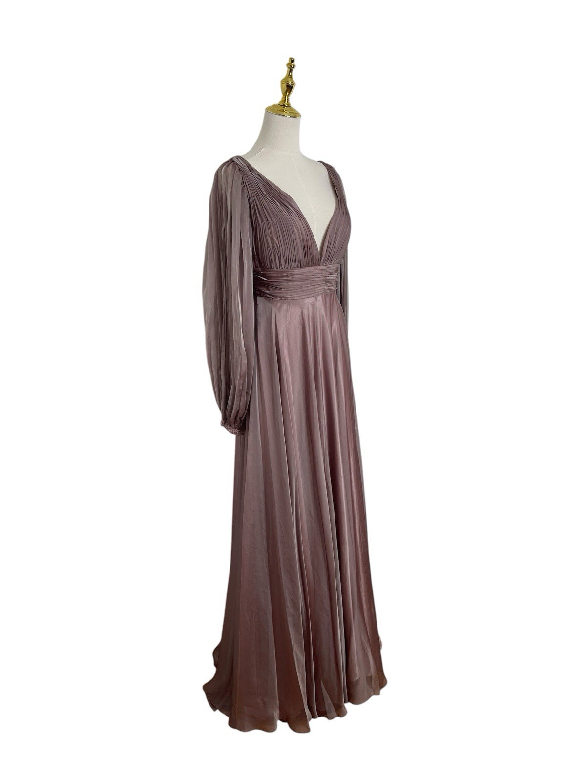 Mac Duggal 67414 Mocha Chiffon Gown Cutaway Sleeve Beaded Cuff Size 8 $598