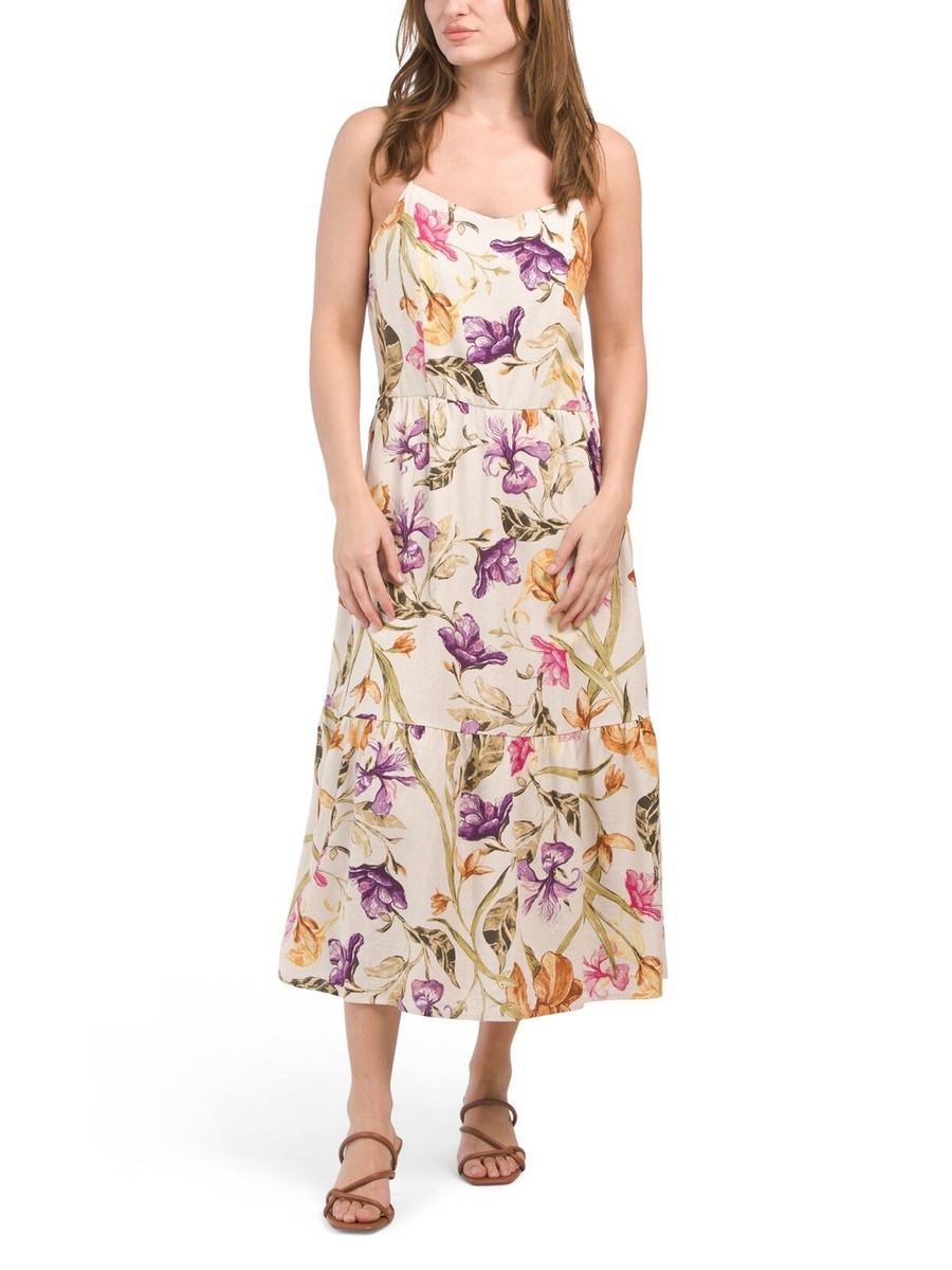 Joie Linen-Blend Floral Spaghetti Strapped Midi Dress Purple Yellow Sz Small NWT