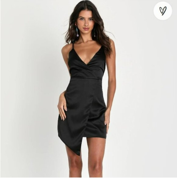 Lulus What a Stunner Black Satin Asymmetrical A-Line Mini Dress Size M – NEW