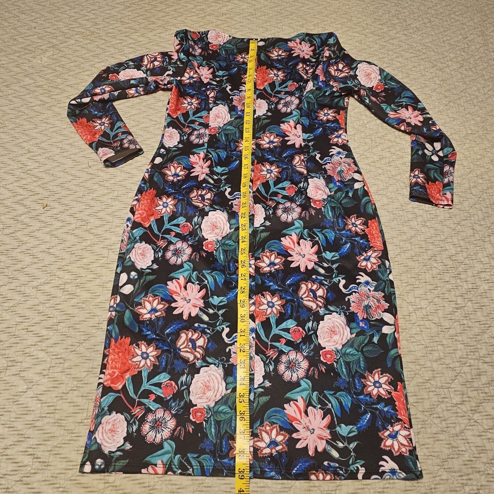 Project Runway Floral Fitted Dress Size Large Long Sleeve Midi BodyCon Colorful