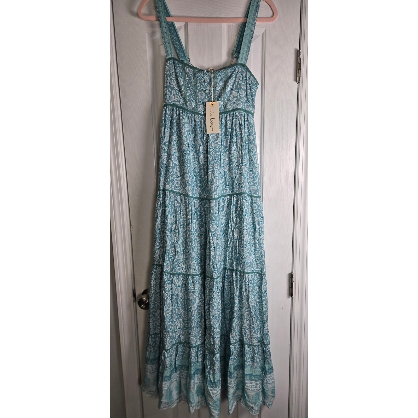 In Loom Teal Floral Tiered Maxi Dress Small NWT Boho Smocked Lace Trim