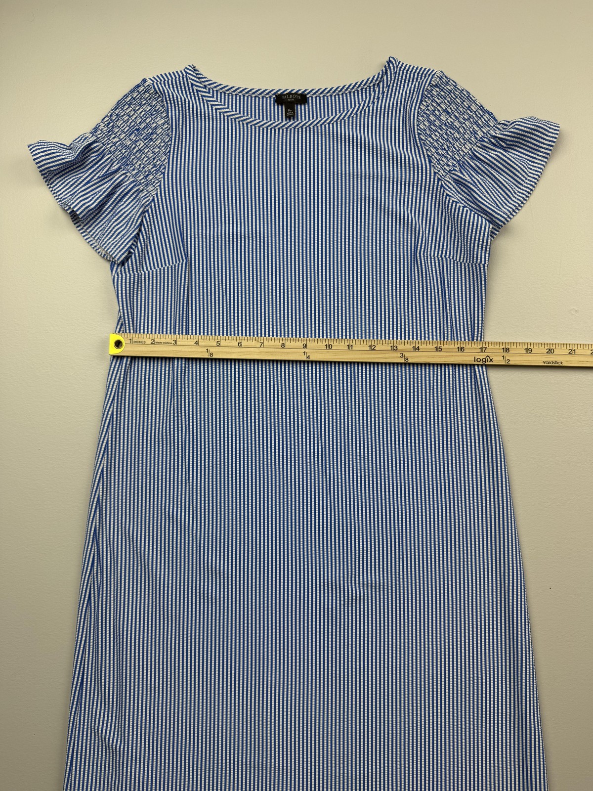 Talbots Dress Womens M Petite Blue Stripe Short Flutter Sleeve Shift Knee Length