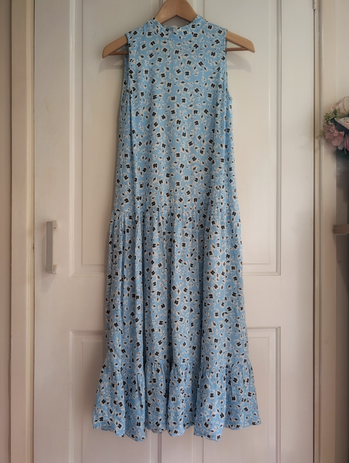 Topshop Blue Floral Tiered Summer Midi Dress Size 10 Ruffle Hem Floaty