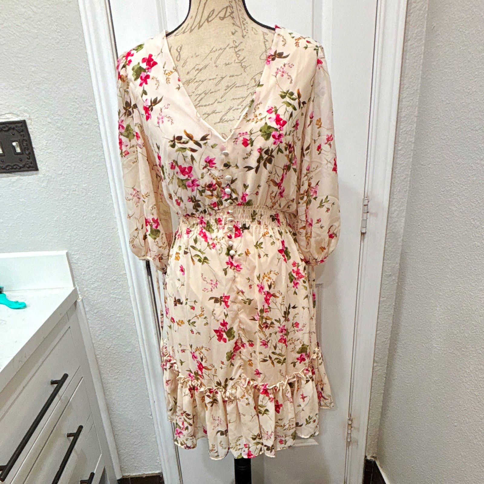TAYLOR Floral Ivory Pink Green Chiffon V-Neck 3/4 Balloon Sleeve A-Line 14