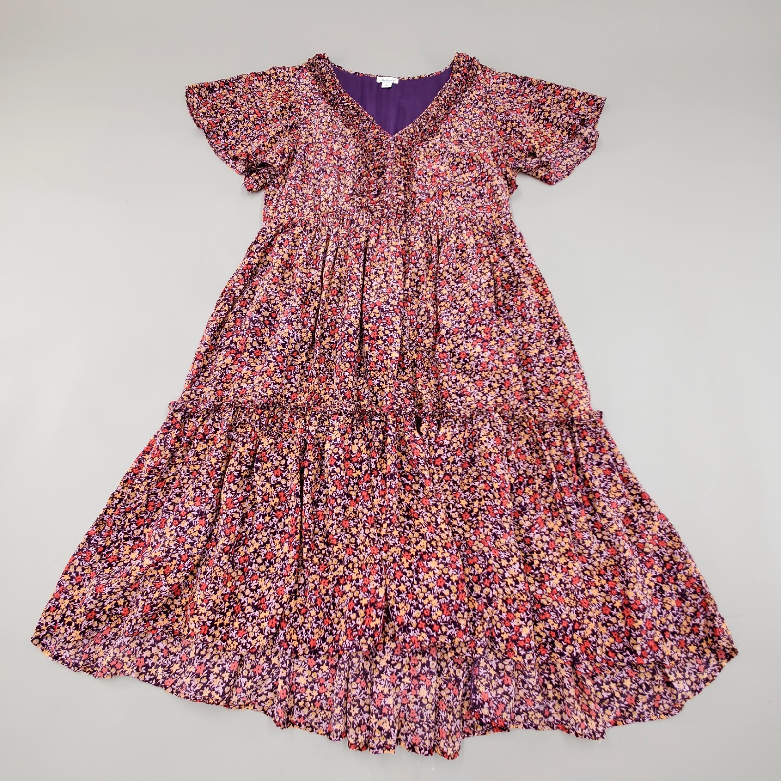 Sundance Womens Size L Boho Dress Mulberry Crepe Floral V Neck Flutter Sleeve