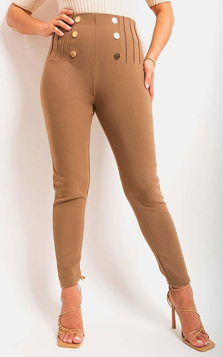 Womens Trousers High Waisted Button Detail Casual Stretch Full length Pants