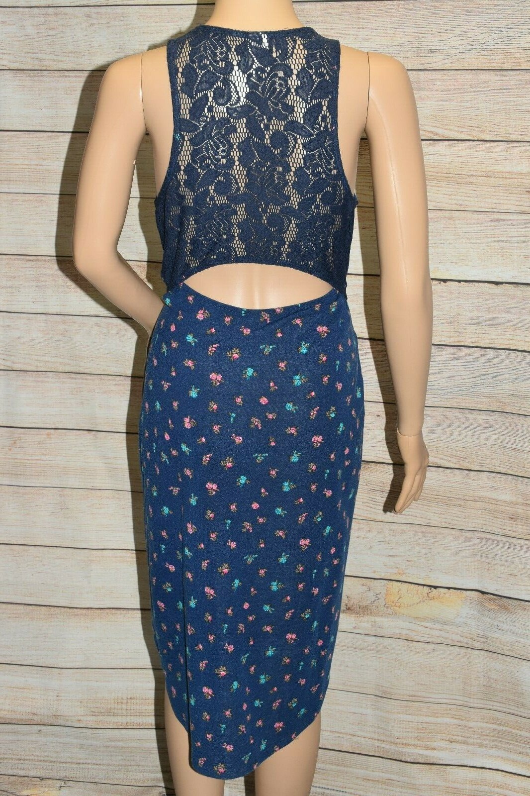 NWT BONGO M NAVY BLUE FLORAL LACE OPEN BACK CUT OUT HIGH NECK STRETCH TANK DRESS