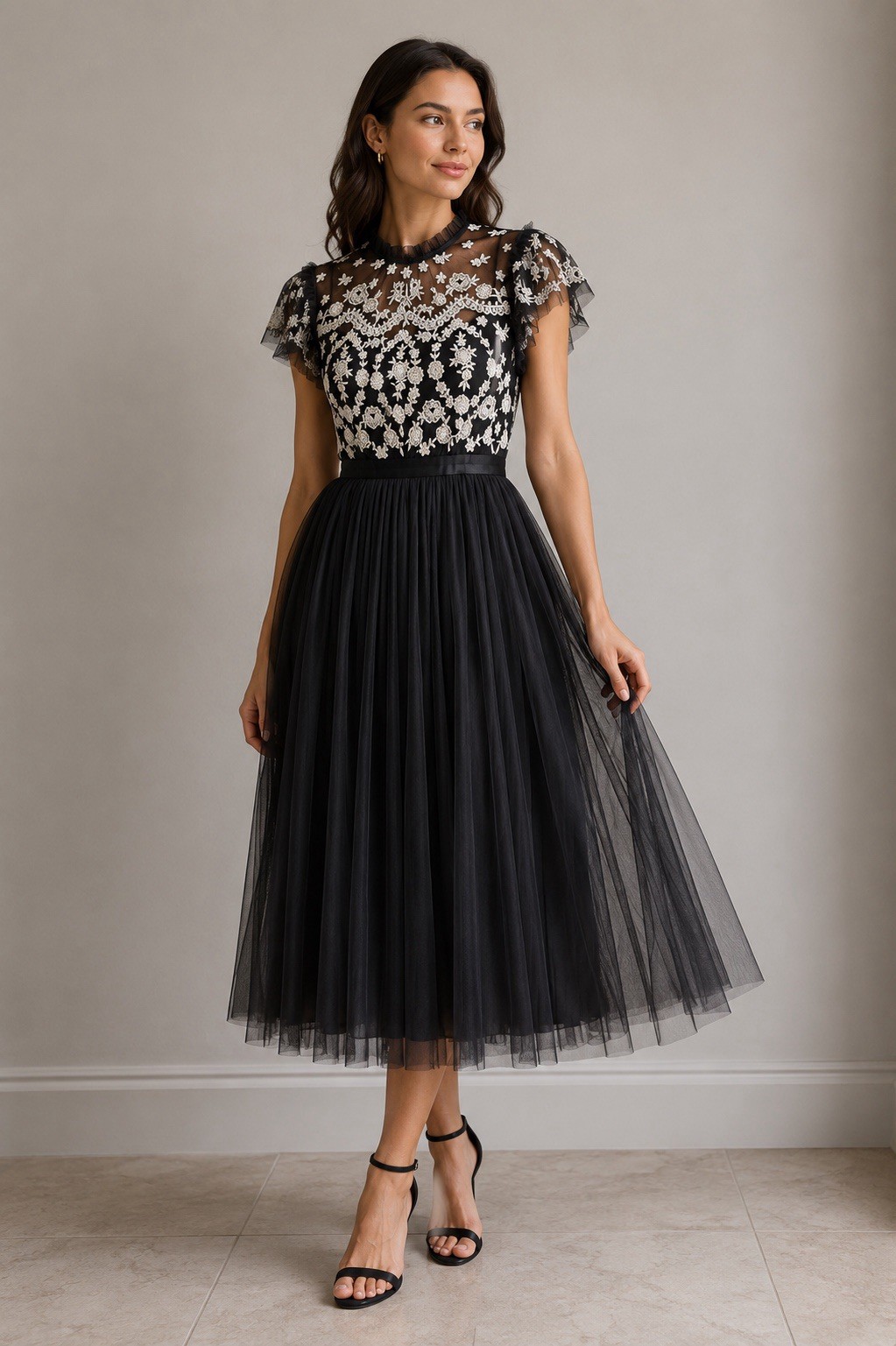 Needle & Thread Embroidered Tulle Midi Dress Black Cream Floral Wedding Guest 2