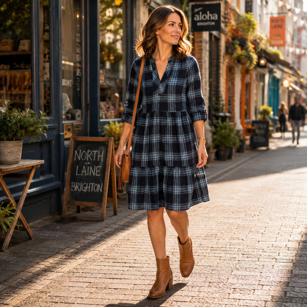 Monsoon Smock Dress UK 10 12 Blue Check EcoVero Tiered V Neck Midi Boho