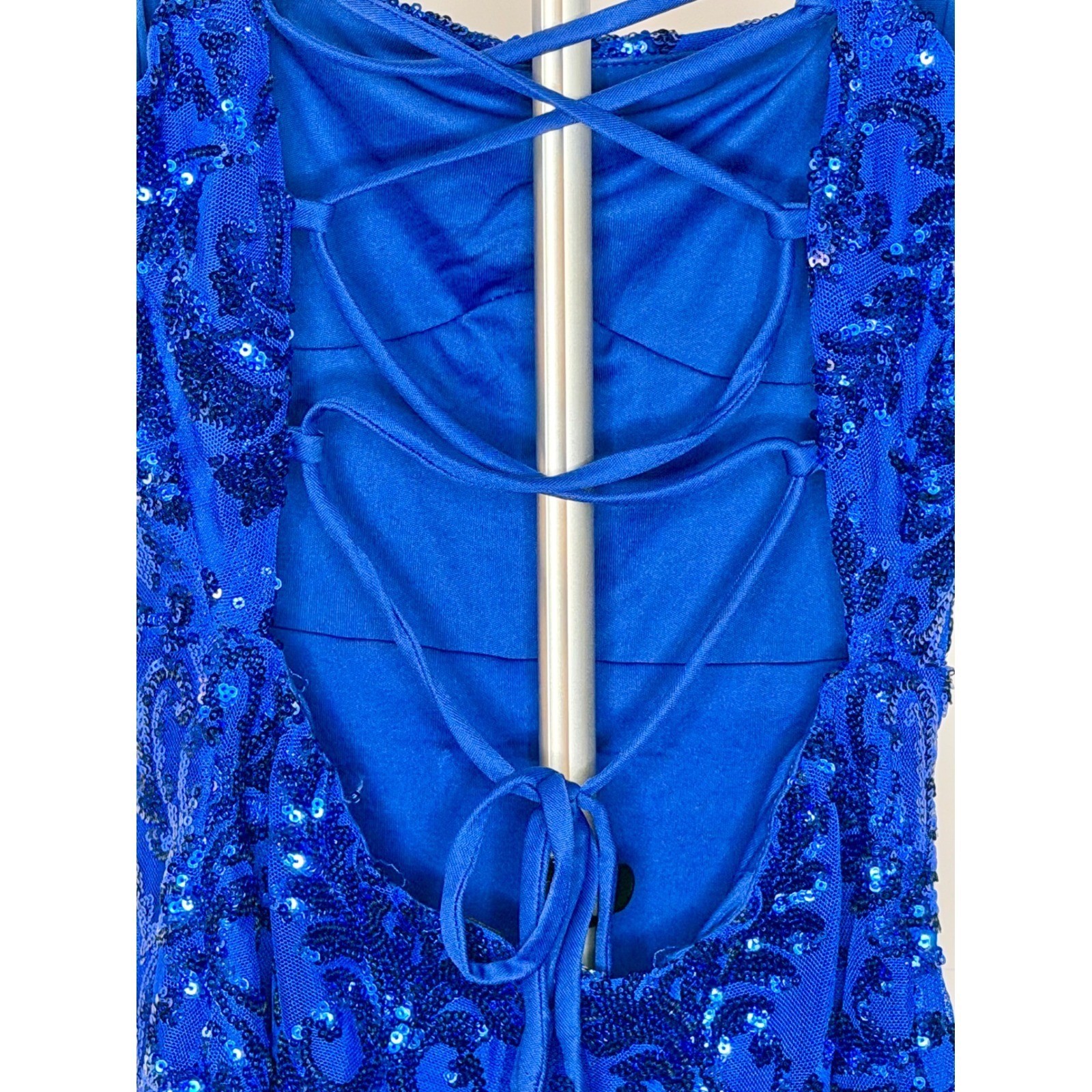 Windsor Royal Blue Sequin Damask Lace Up Back Bodycon Mini Dress Womens Small