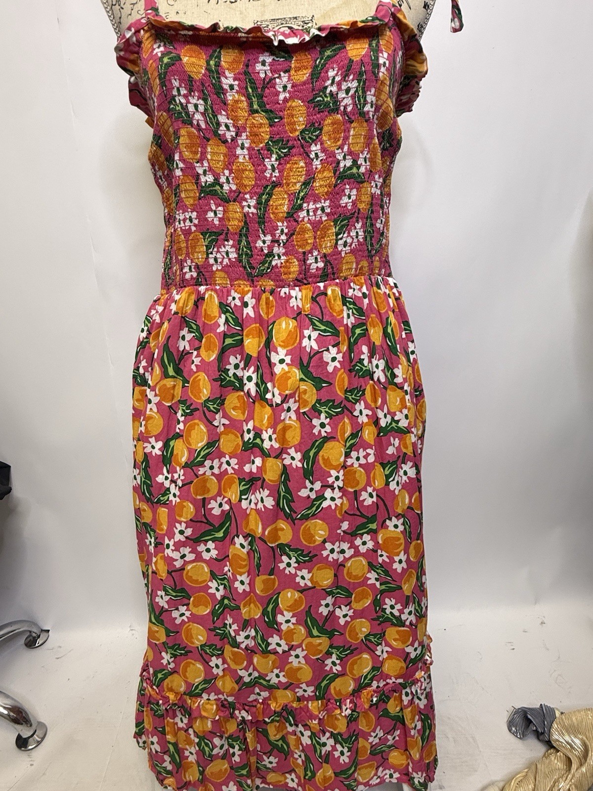 Draper James Women’s Floral Smocked Midi Dress Pink Orange Size M