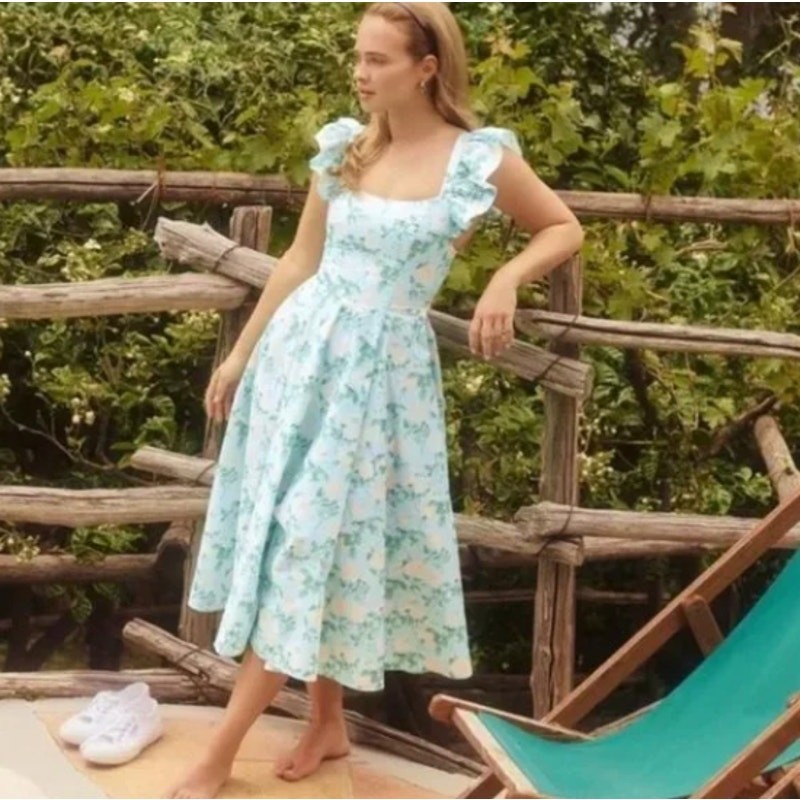 HILL HOUSE HOME Daphne Dress Blue Roses Cotton Floral Summer Sz S $228 {3D3}