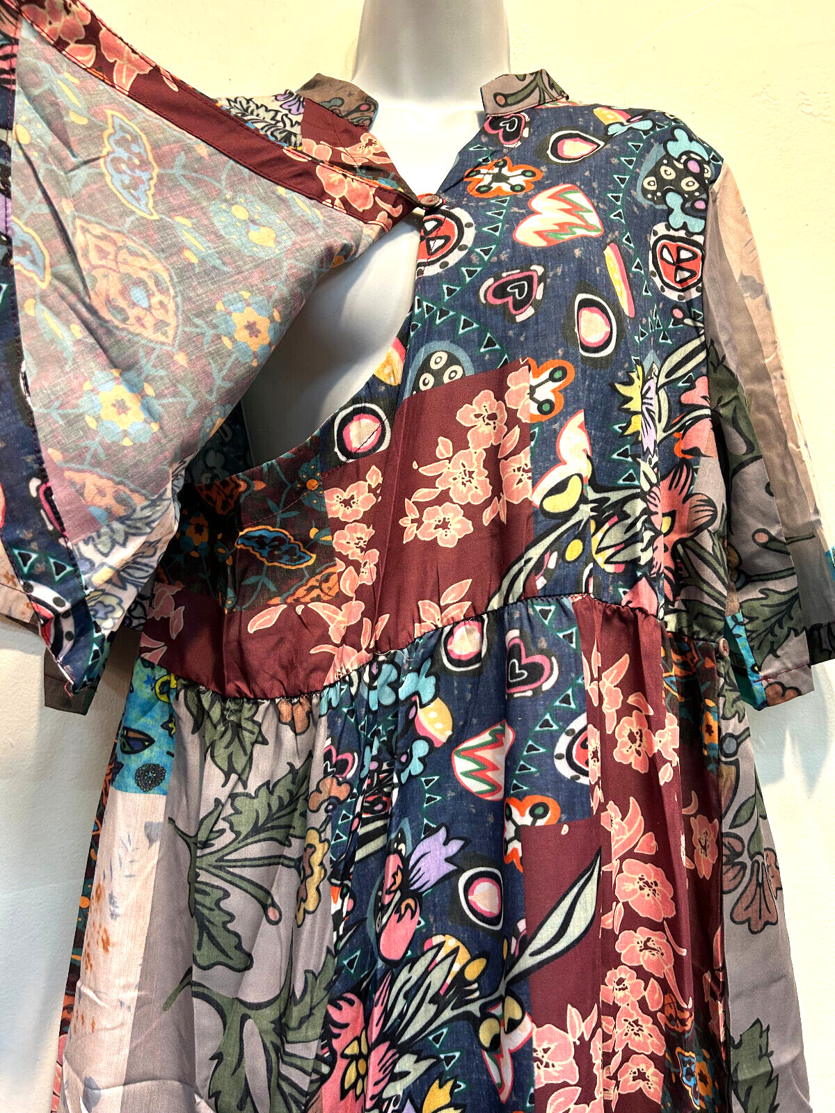 Nwt FUNKY STUFF hippie boho patchlike front wrap cotton/ poly DRESS XL Free ship