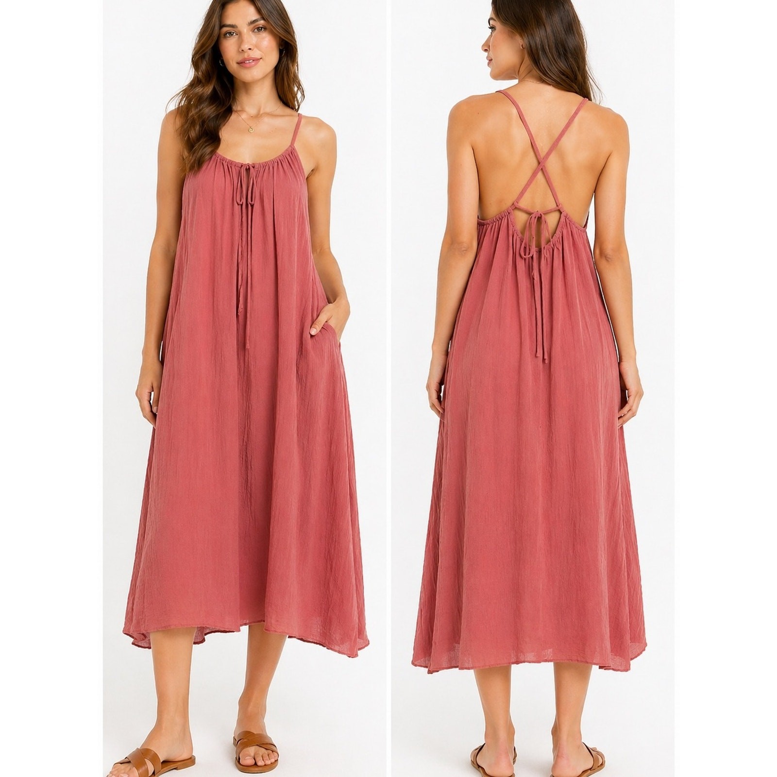 Xirena Heather Rose pink crinkle gauze tie back midi swing dress NWT SZ M