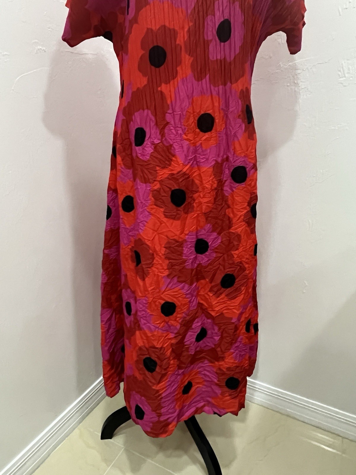 ALQUEMA Smash Pocket Sleeveless Crinkle Midi Dress Red Floral Print Stretch 1