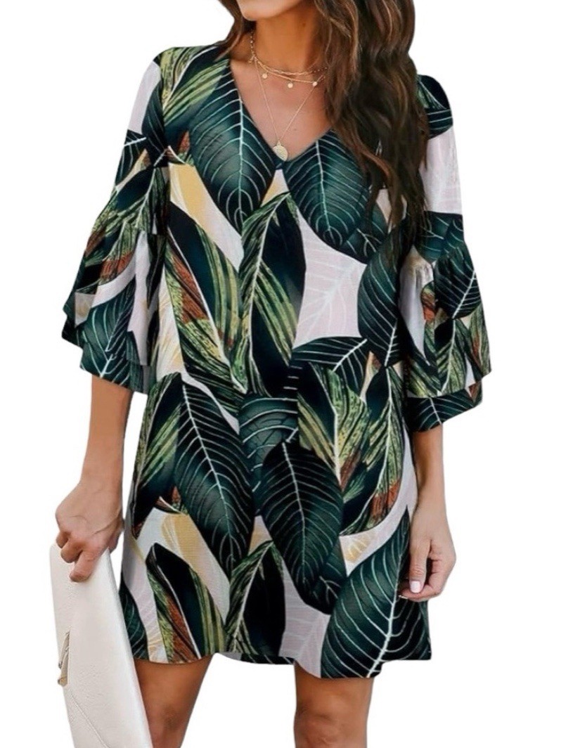 Belongsci Dress Women’s Green Multi S Bell Sleeve Leaf Print V-Neck Shift