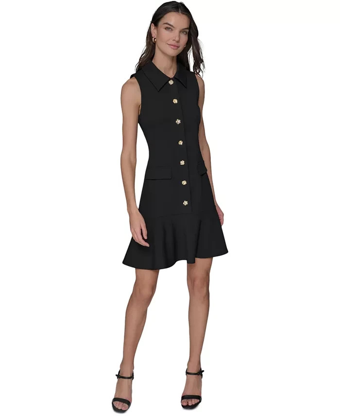 KARL LAGERFELD PARIS Womens Flower-Button Collared Sleevlss Shift Dress Black 14