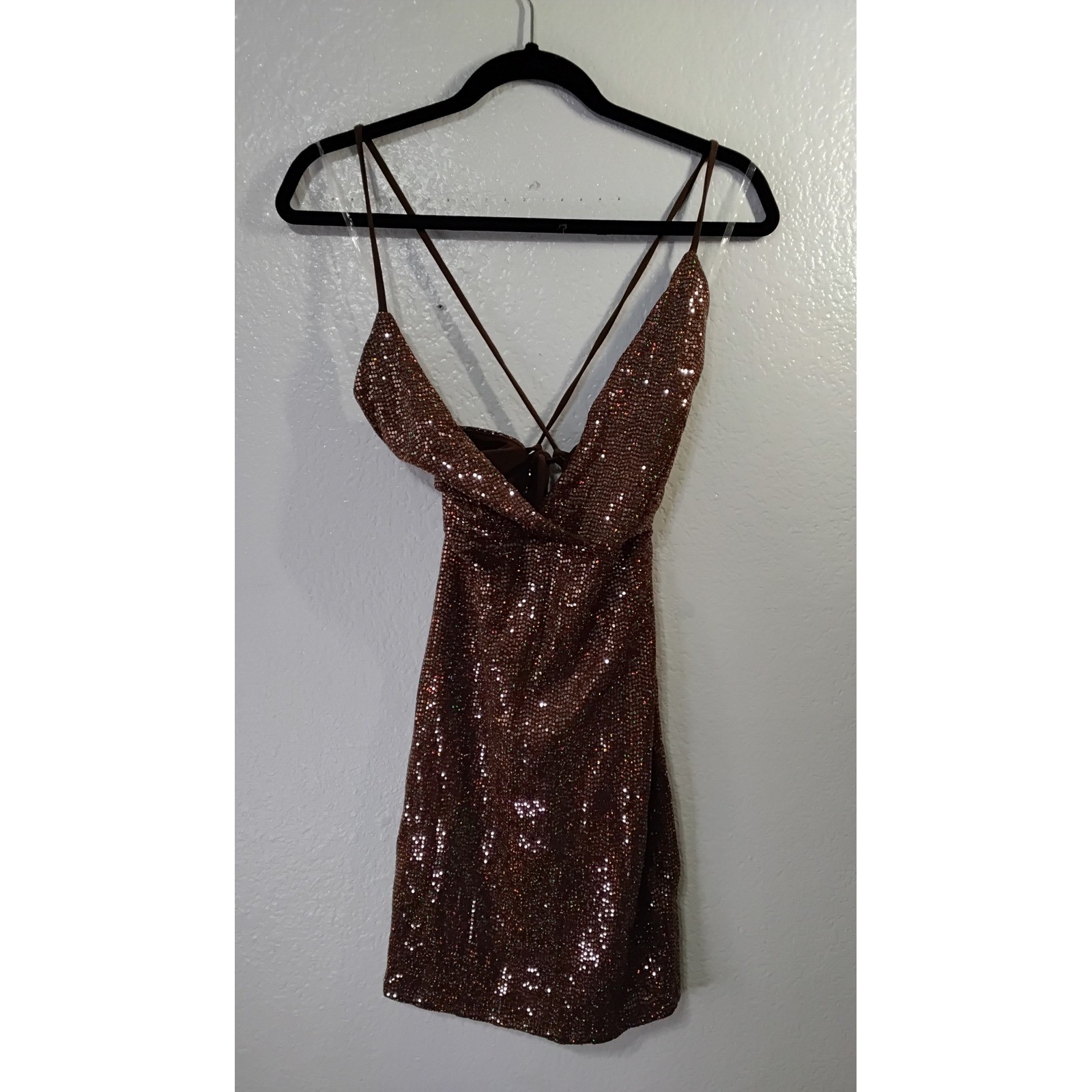 Laqueen Brown Sequin Mini Dress Open Back Lace Up Cocktail Party V-Neck (31)
