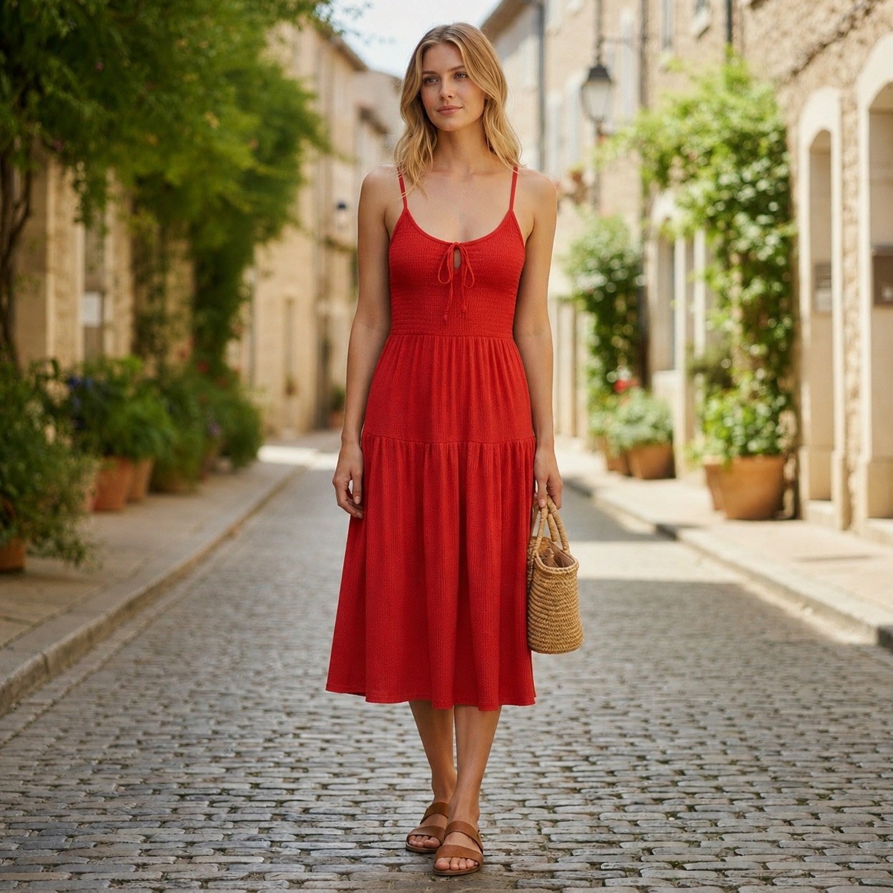 Monteau Los Angeles Orange Red Smocked Tiered Midi Dress S Boho Beach Festival