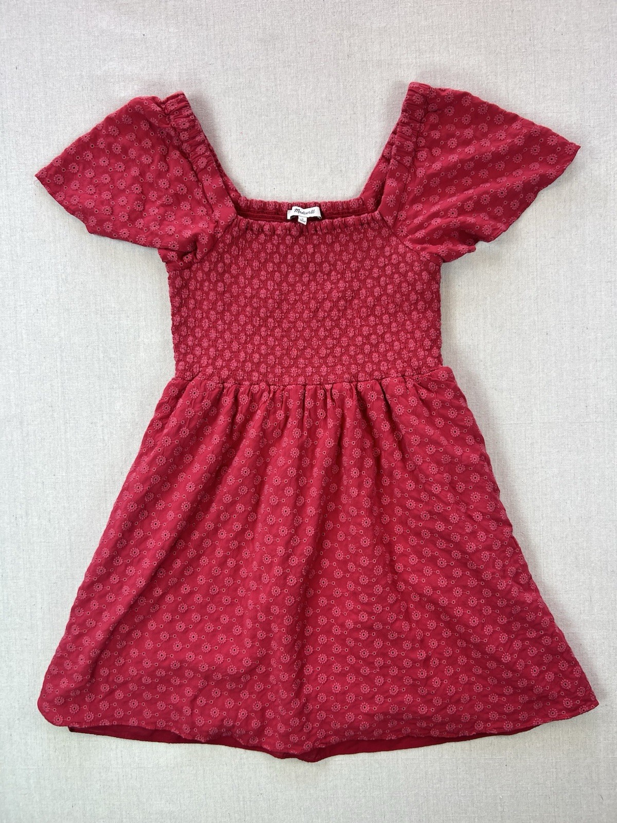 Women’s Red Puff Sleeve Short Romantic Feminine Whimsical Fun Smocked Dress – M