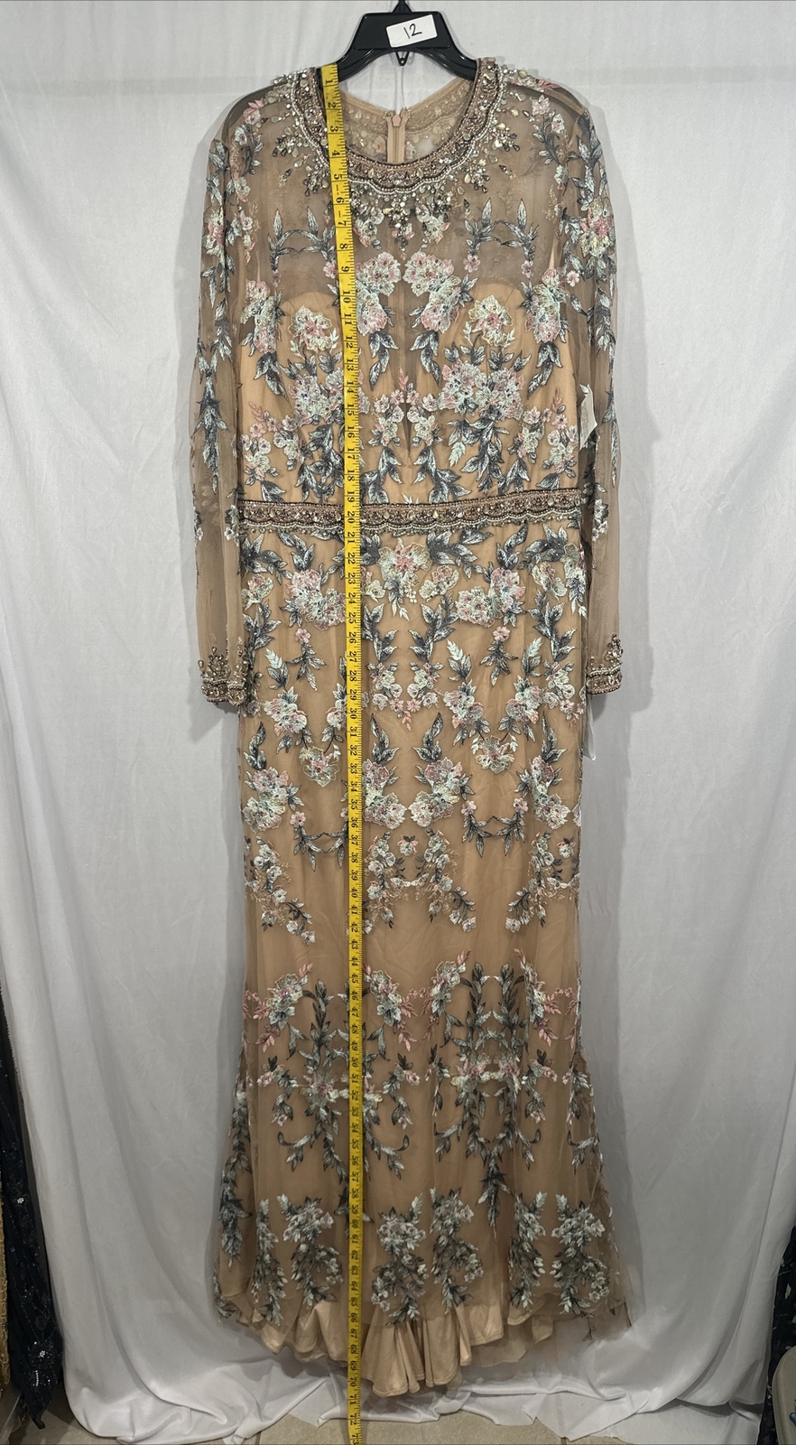 NWT $798 Mac Duggal [ 14 ] Floral Embroidered Long Sleeve Trumpet Gown Nude Q624
