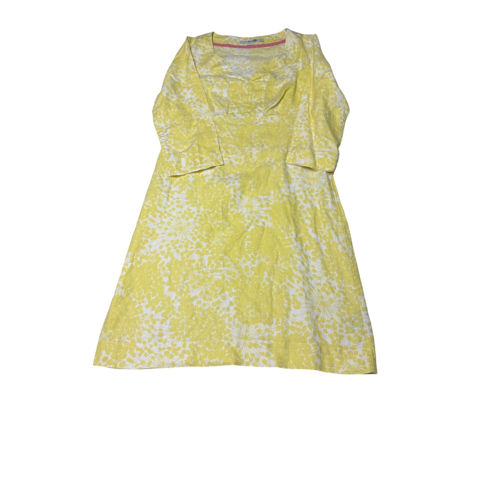 Boden Yellow White Linen Floral A-Line Dress 3/4 Sleeve Notched V-Neck US 4L