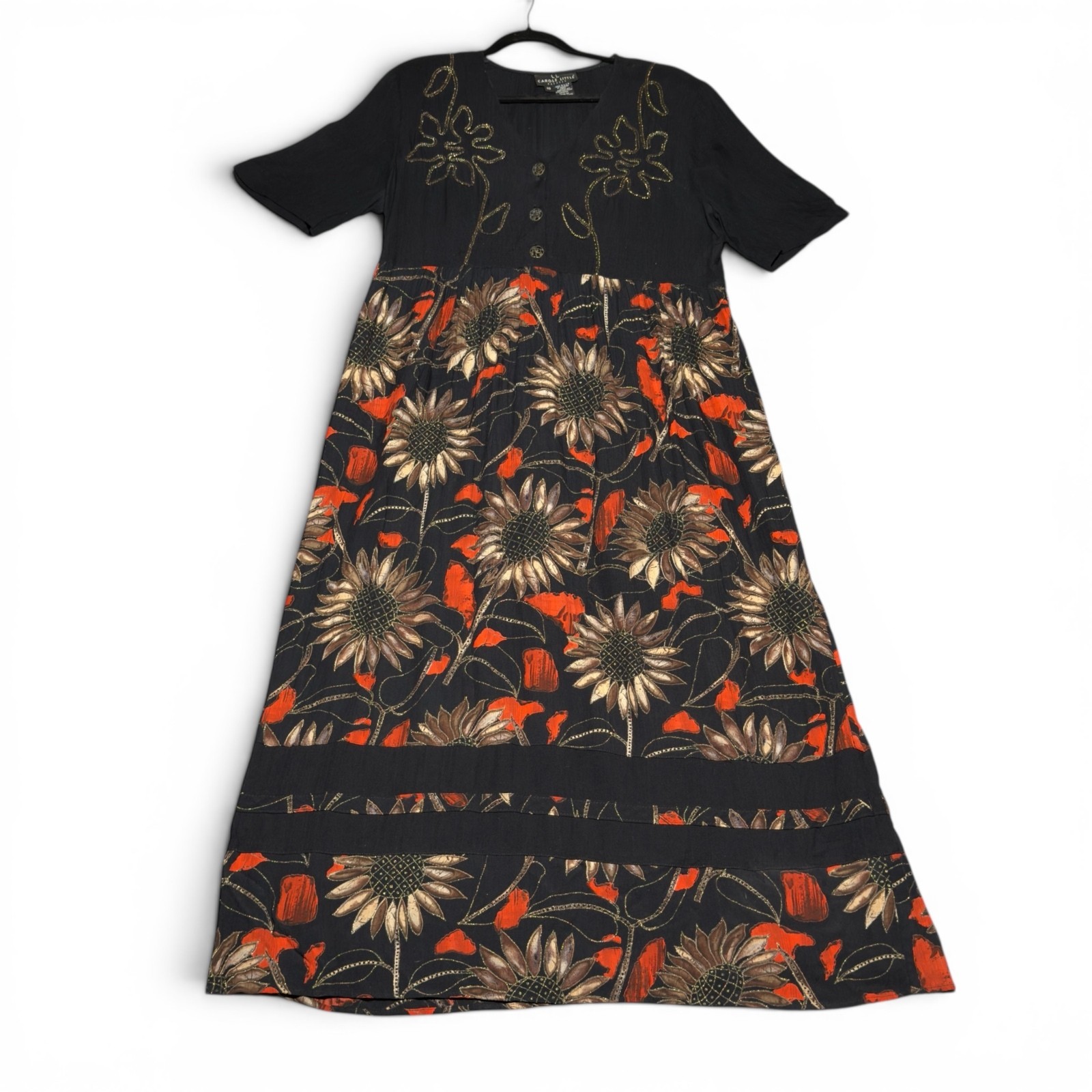 Vintage Carole Little Black Floral Embroidered Rayon Dress Made in USA Size 10