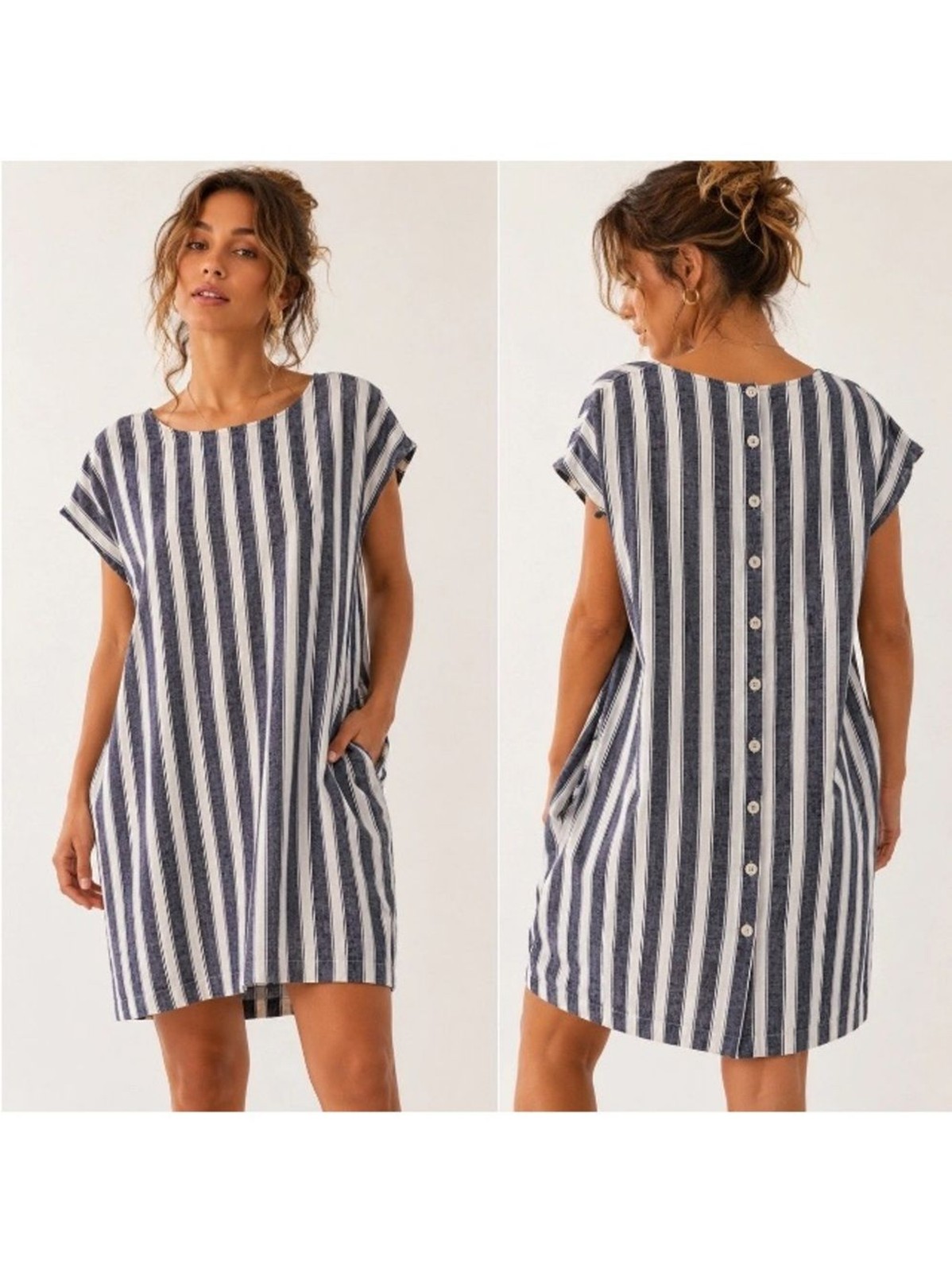 Madewell Stripe Play Linen Blend Navy and White Vertical Stripe Midi Dress