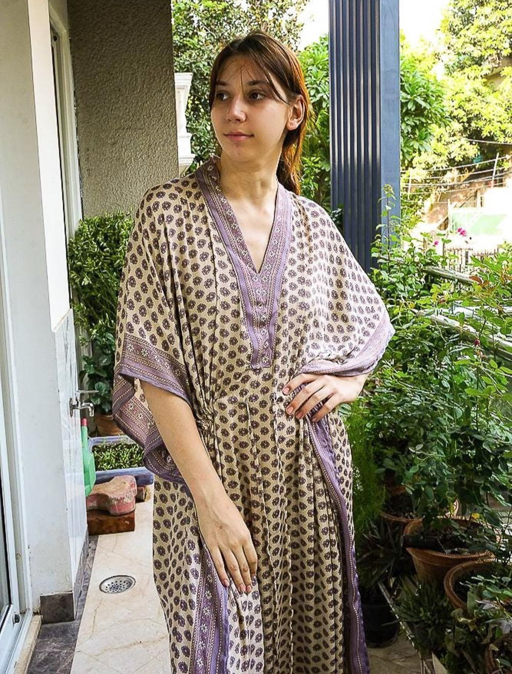 Silk Beige Kaftan / Handmade Flowy Maxi Dress / Resort Wear Outfit PS MFN1048