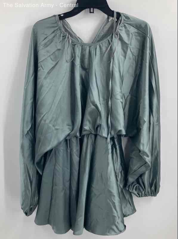 Mable Womens Green Satin Long Sleeve Round Neck Short Mini Dress Size Small