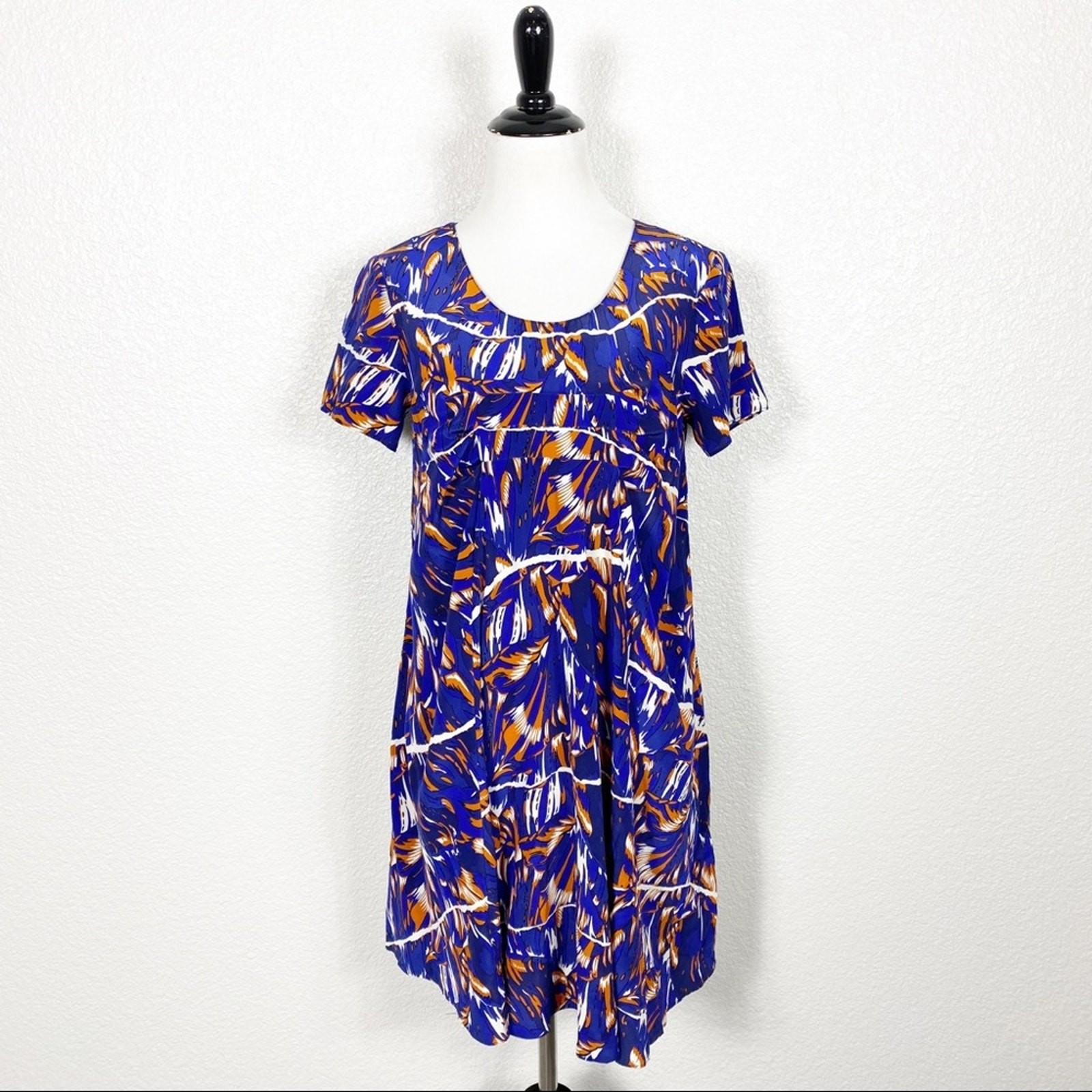 Kenzo Size XS Womens 100% Silk Torn Flowers Print Short Sleeve Mini Dress Blue