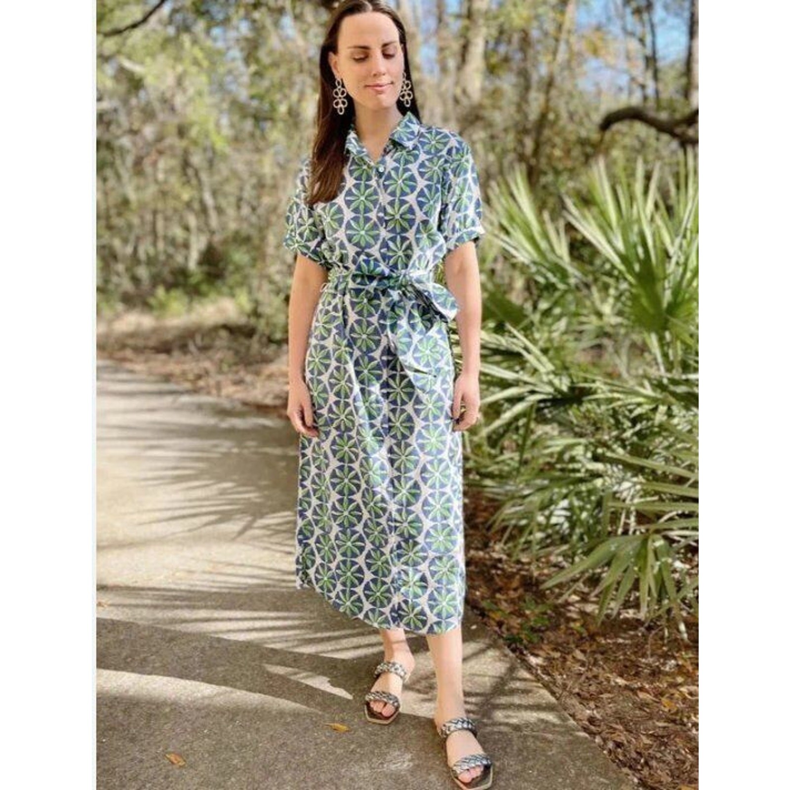 FITZROY & WILLA Sz XS Blue Green Sand Dollar Print Rosie Shirt Dress