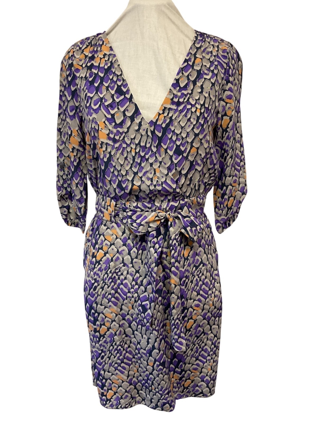 Presley Skye XS 100% Silk Abstract Print Wrap Dress W/ Belt Purple Peach & Grey