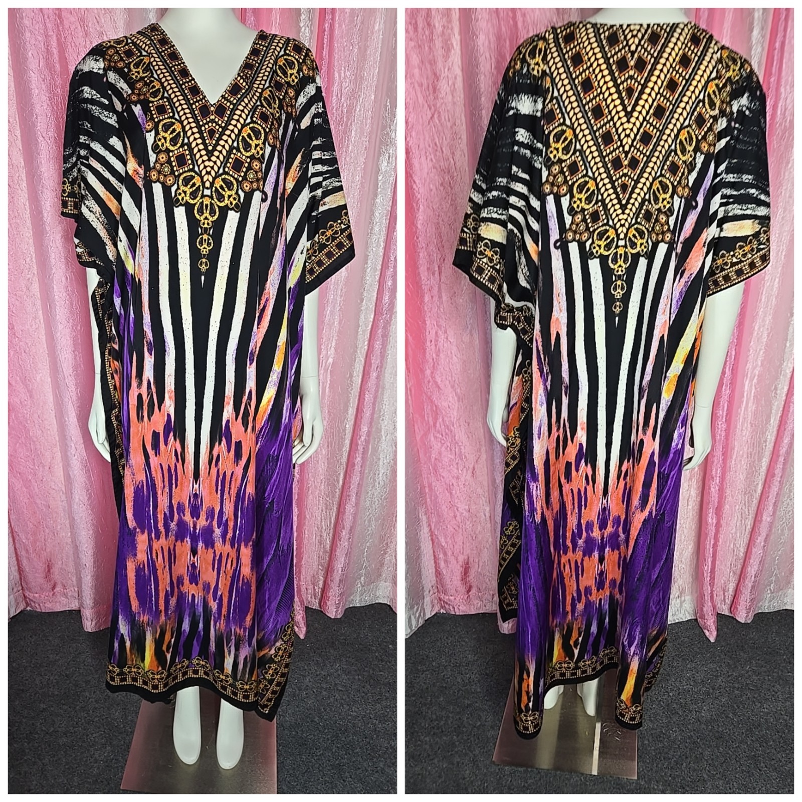 Winlar Colorful Purple Pink Gold Black Kaftan Kimono One Size