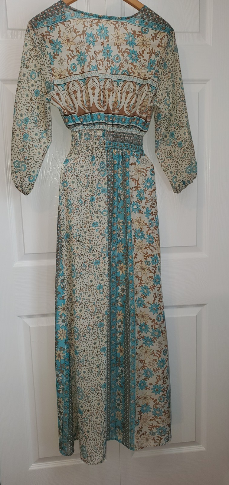 Boho Resort Maxi Dress Fiji XL Smocked Waist Tassel Tie Patchwork Print