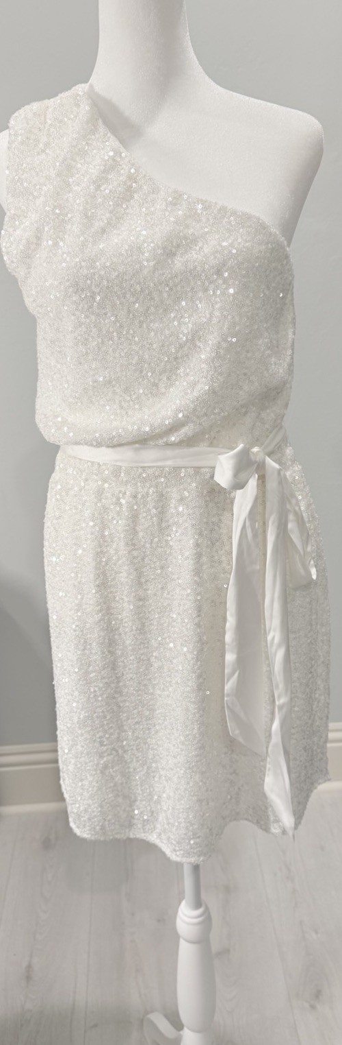 Heartloom Women’s Knee A-Line Dress Size M White Sequin One Shoulder Tie Lined