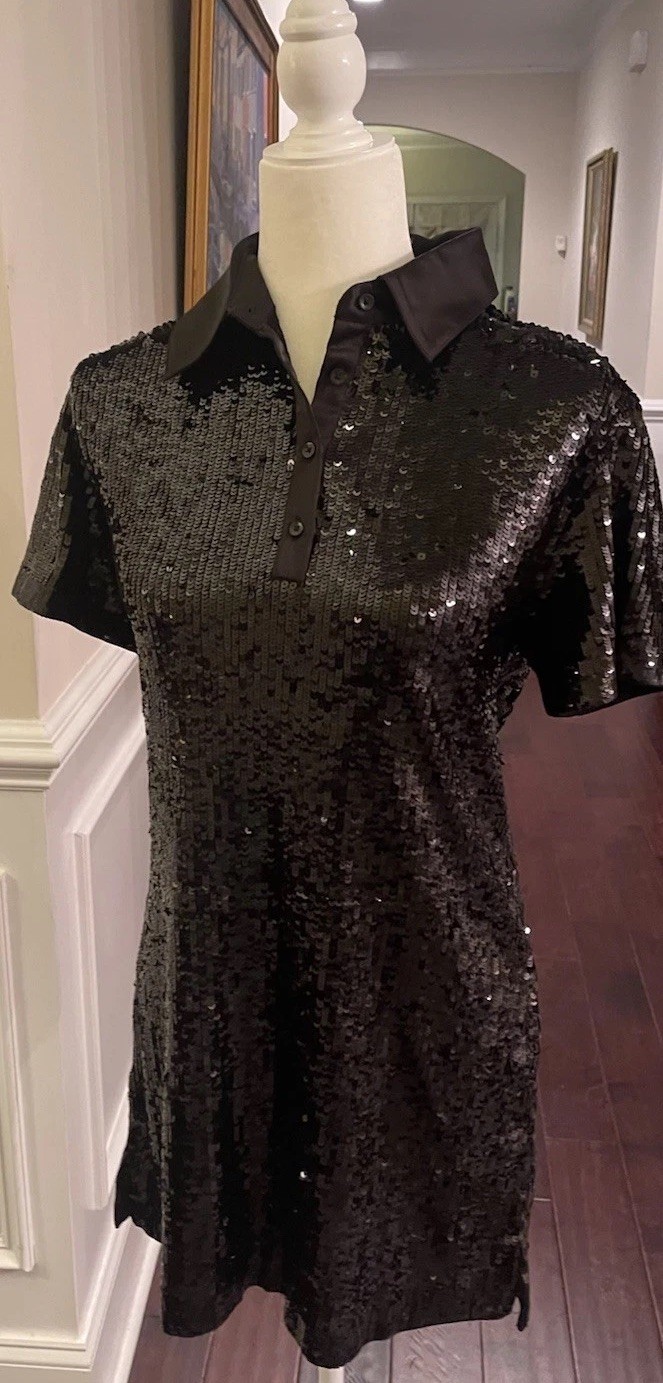 Alice + Olivia Treva Black Sequined Polo Mini Dress Sz S NWT $595