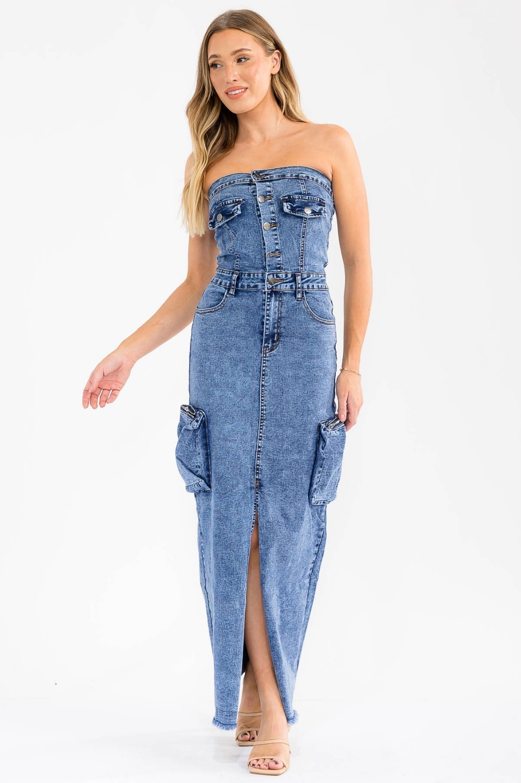Denim Stretch Maxi Split Dress Cargo Pockets 2026 Trend SMALL MEDIUM LARGE NWT