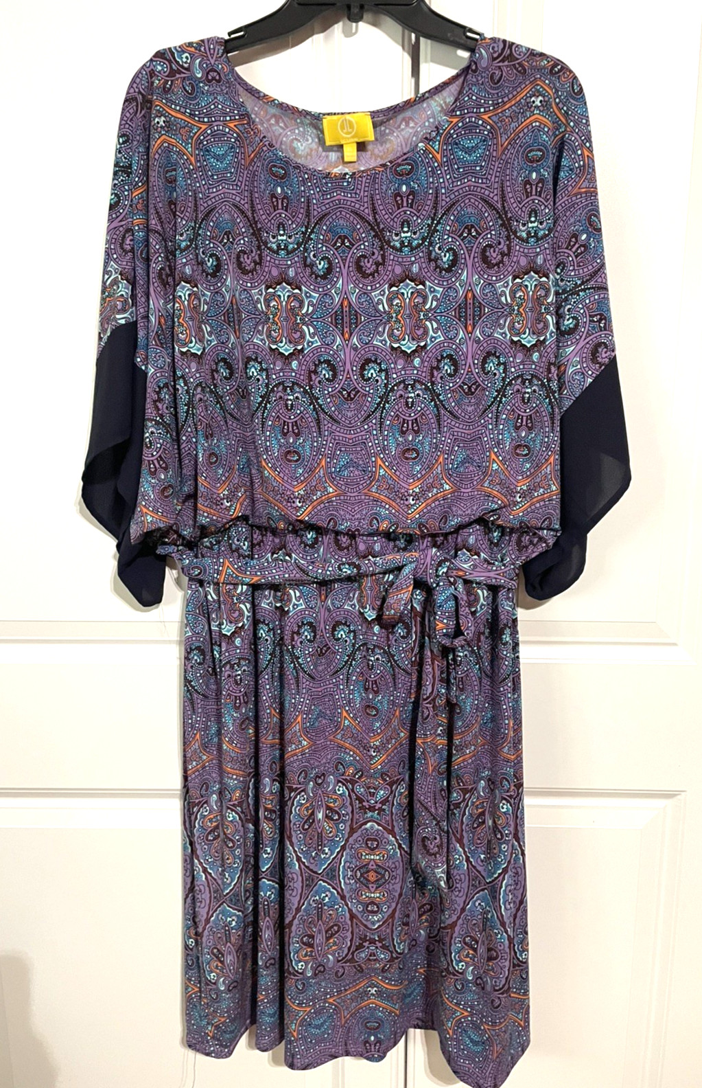 Liz Lange Midi Dress XL Matching Belt Purple Navy Turquoise Orange Paisley