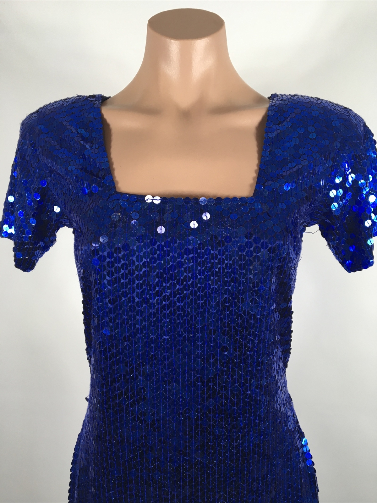 Vintage 90s 80s Blue Square Neck Sequin Dress Blue Party Nite Line Sexy Cocktail
