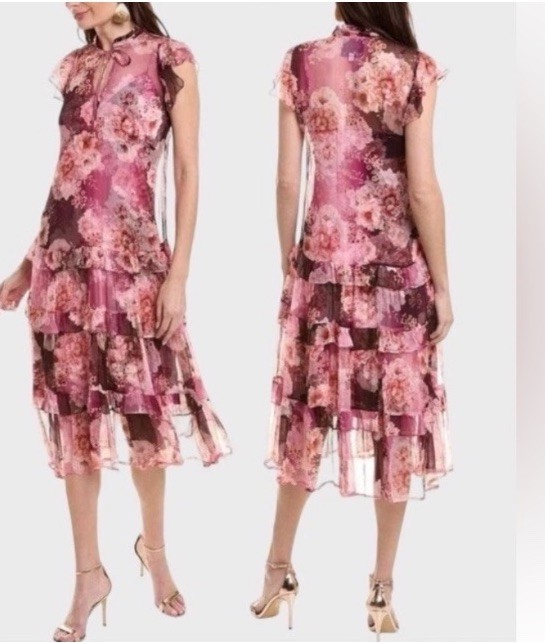 NWT JOHNNY WAS Carina Silk Floral Ruffle Midi Dress Retail $365. W/Slip X Small