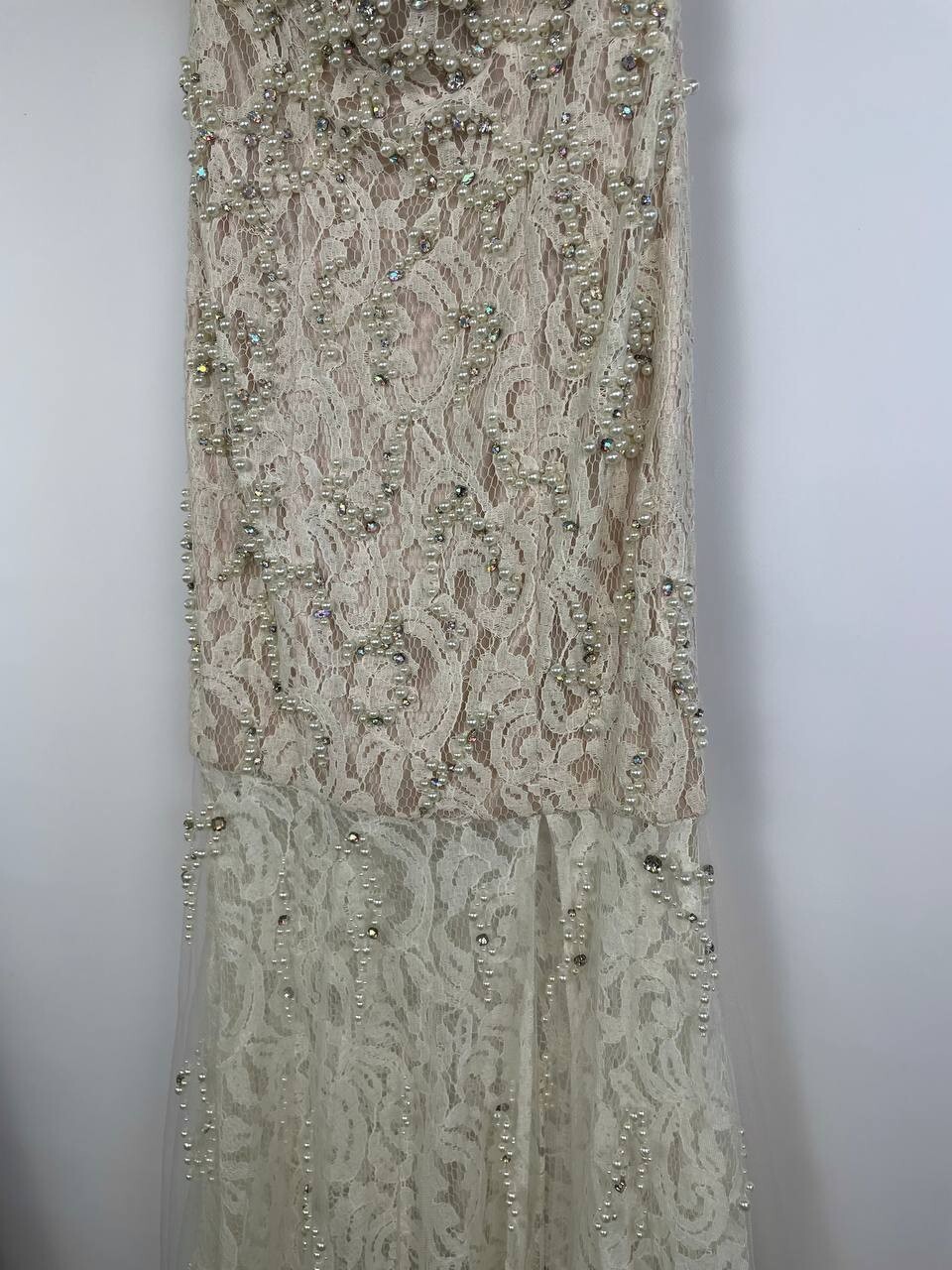 Jovani Strapless Lace Gown Beaded Pearl Nude Ivory Dress Sz 4 Small Prom Formal