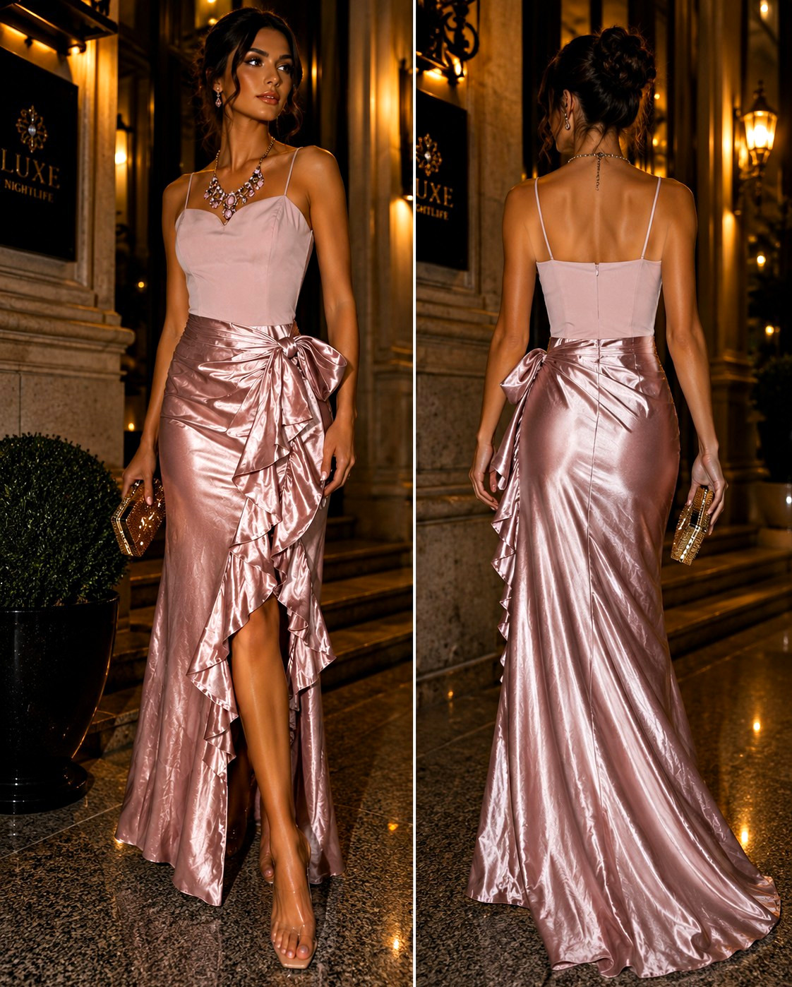MABLE Satin Ruffle Maxi Dress – Size M