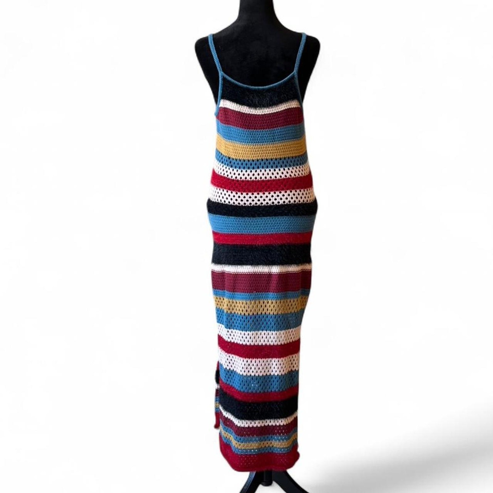 Striped Crochet Maxi Dress – Boho Fuzzy Knit M