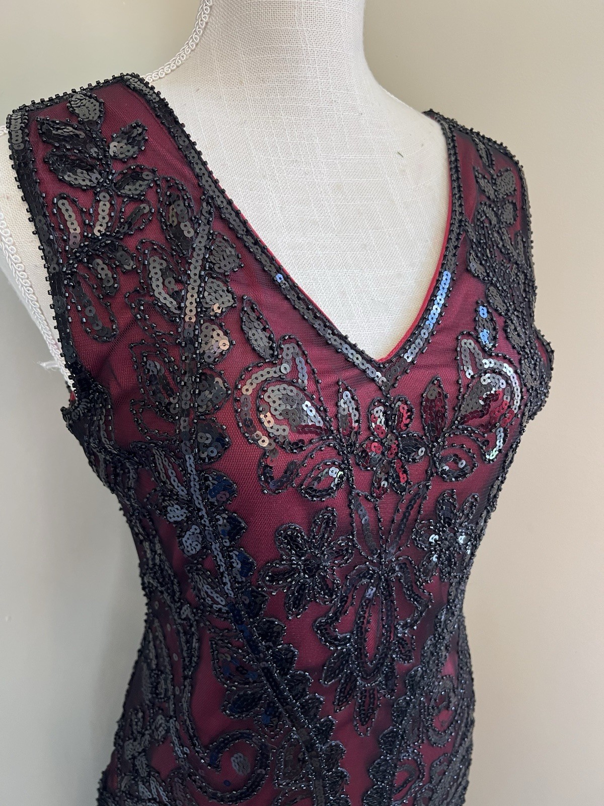 PrettyGuide 1920s Flapper Dress & Headband Set Burgundy Sequin Art Deco Fringe M
