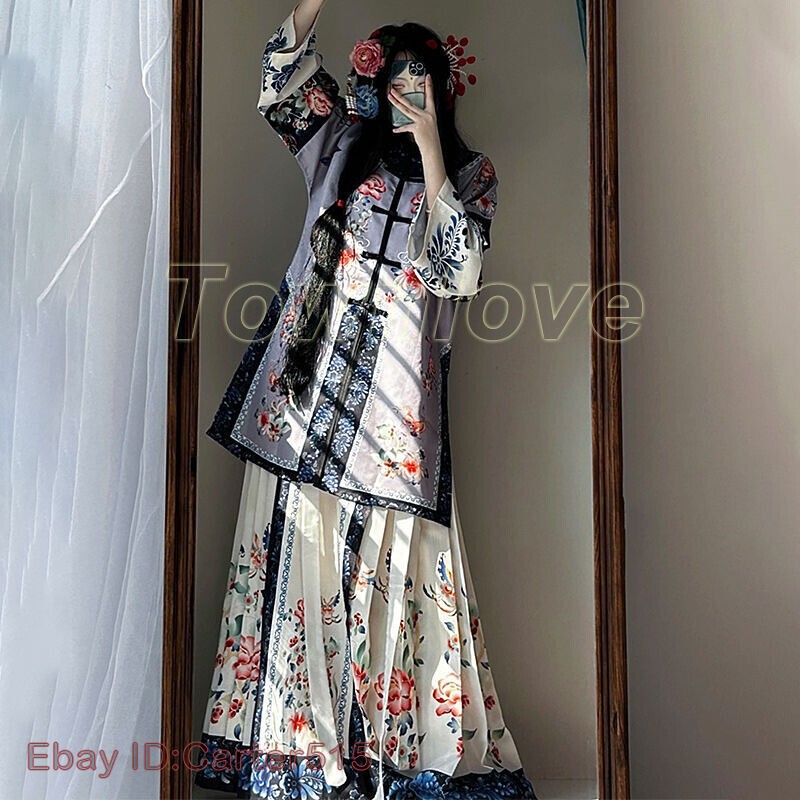 Qing Dynasty Retro Chinese Costumes Dress Floral Printing Womens Hanfu Dress New