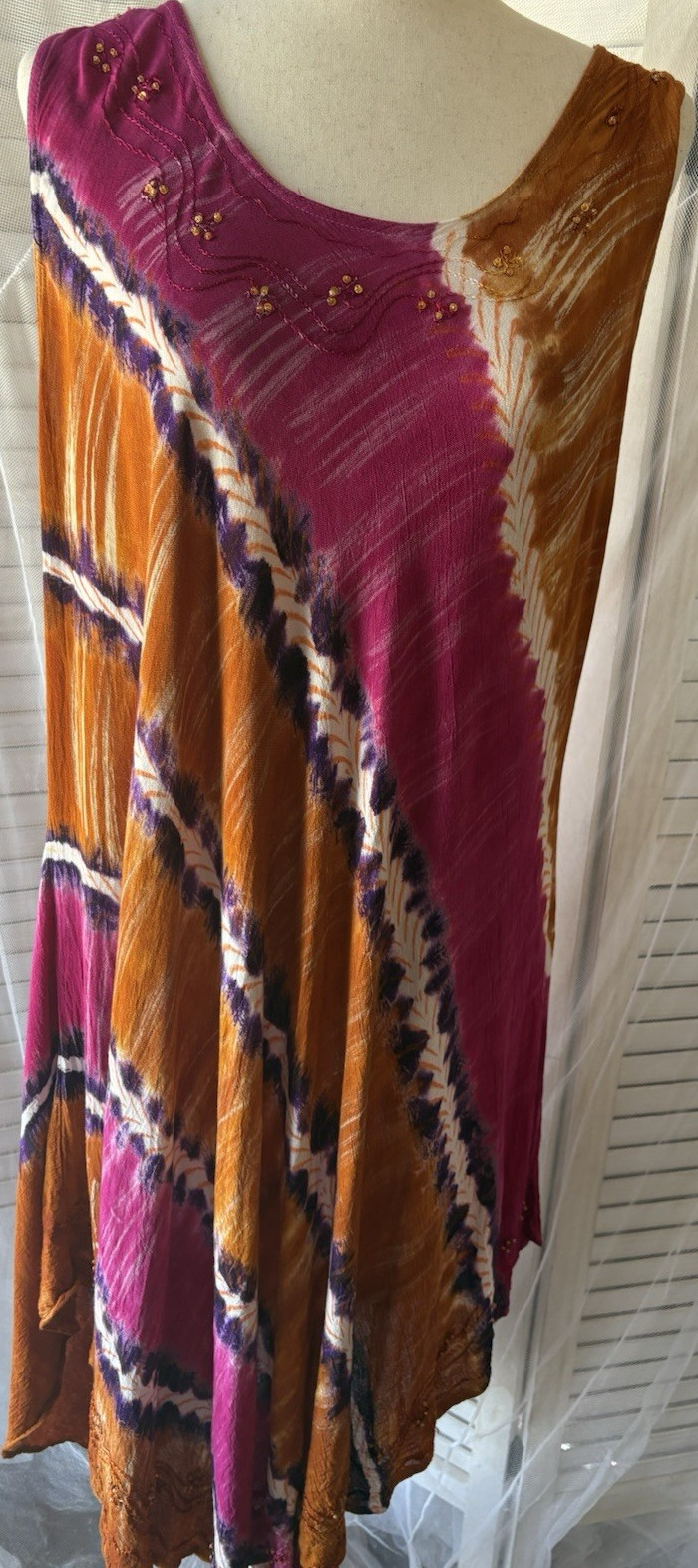 Just Creativity Tie Dye Beaded Sleeveless Kaftan Long Dress Multicolor Free Size