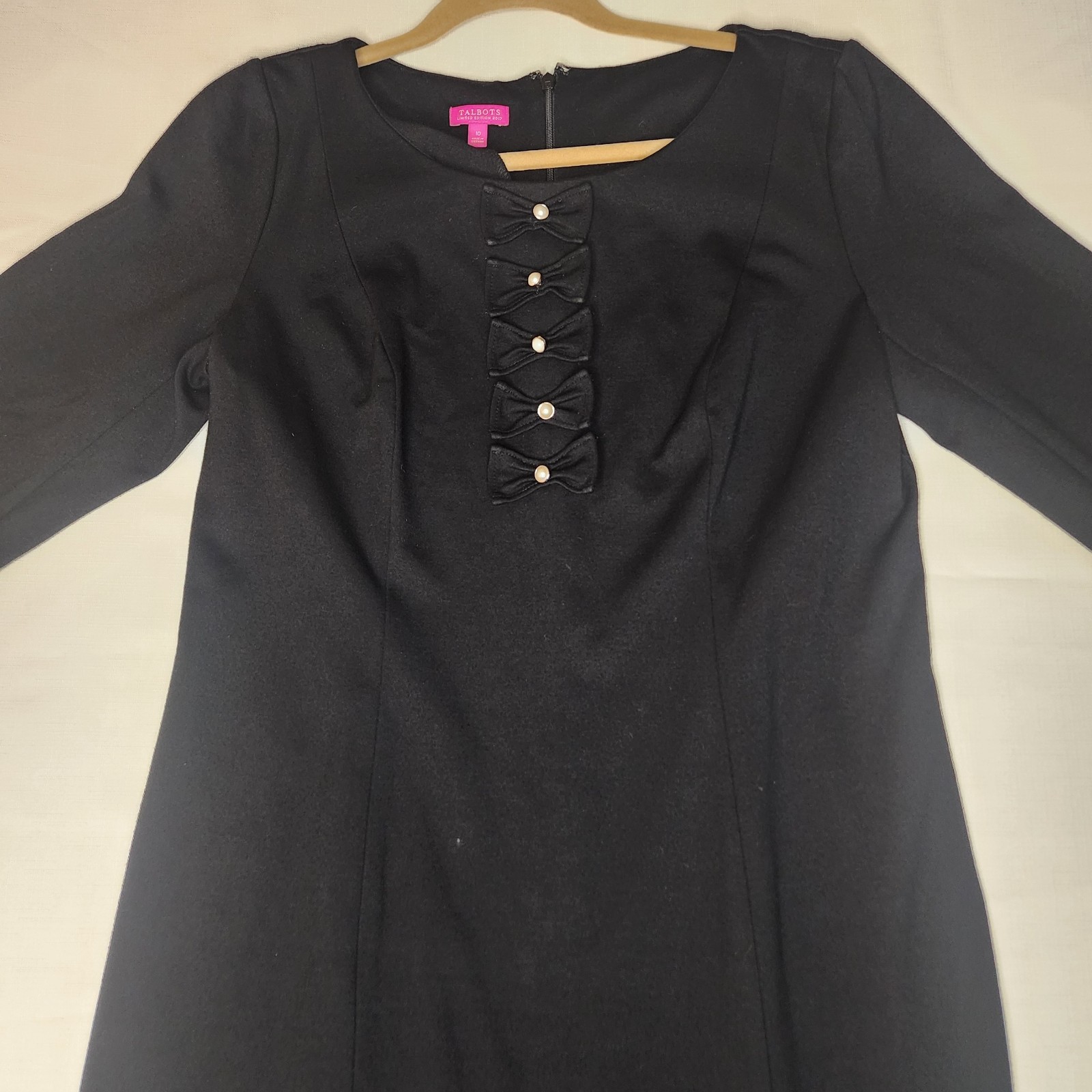 Talbots Dress Womens 10 Black Bow Tie Pearl Button Sheath Whimsygoth Limited Ed