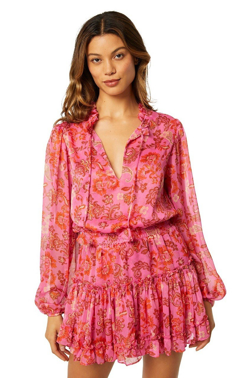 MISA Los Angeles S Pink Orange Floral V-Neck Smocked Ruffle Lorena Mini Dress
